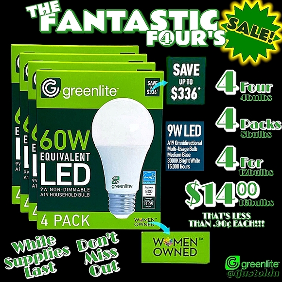 Greenlite Four 4pack's of 9W A19 60W Equivalent LED Bright White Household Bulbs - Picture 1 of 16